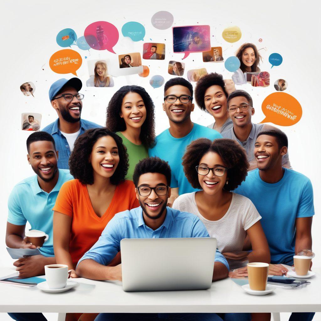 A visually captivating digital collage showcasing a diverse group of individuals sharing stories in a lively community setting. Include elements like laptops, notebooks, and coffee cups, with floating text bubbles representing engaging narratives. Use bright colors and dynamic compositions to convey creativity and connection among storytellers. super-realistic. vibrant colors. white background.