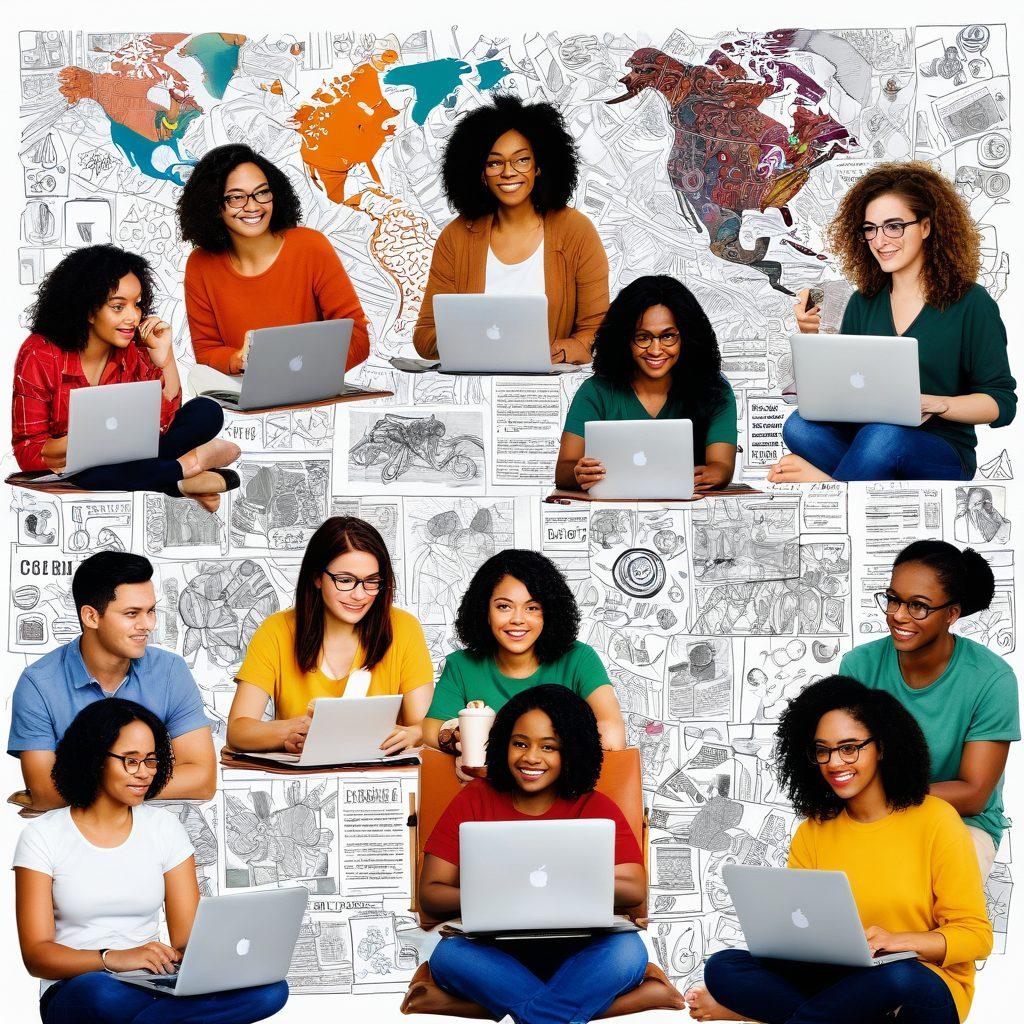A collage of diverse individuals engaged in community blogging, showcasing personal narratives through vibrant storyboards. Include laptops, notebooks, and coffee cups, surrounded by a colorful mix of cultural elements that reflect various backgrounds. The atmosphere should feel inviting and collaborative, with hints of creativity and inspiration in the air. super-realistic. vibrant colors. white background.