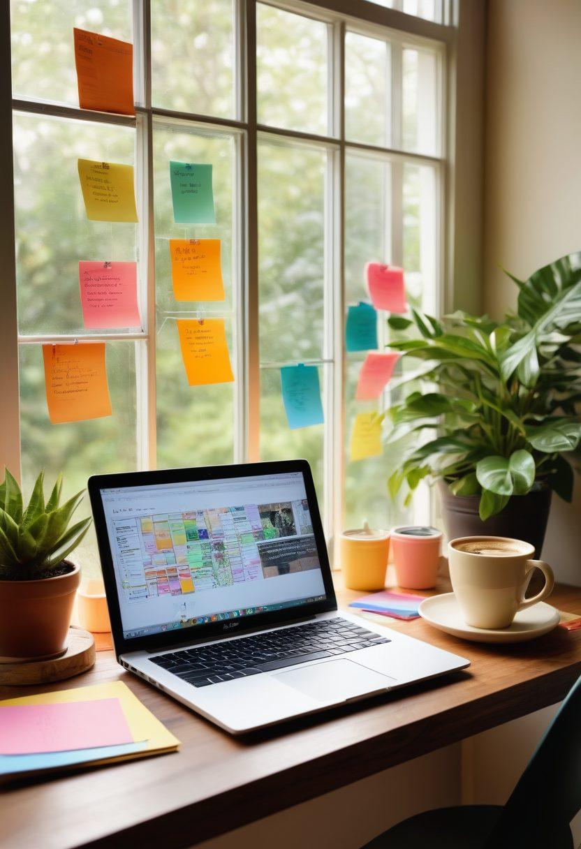 An inspiring workspace featuring a laptop displaying a vibrant online journal interface, surrounded by colorful sticky notes and a coffee cup. Include books on content creation and SEO, a plant for a touch of greenery, and a notepad with sketches. Soft natural light streaming through a window, creating an inviting atmosphere for creativity. super-realistic. vibrant colors. warm tone.
